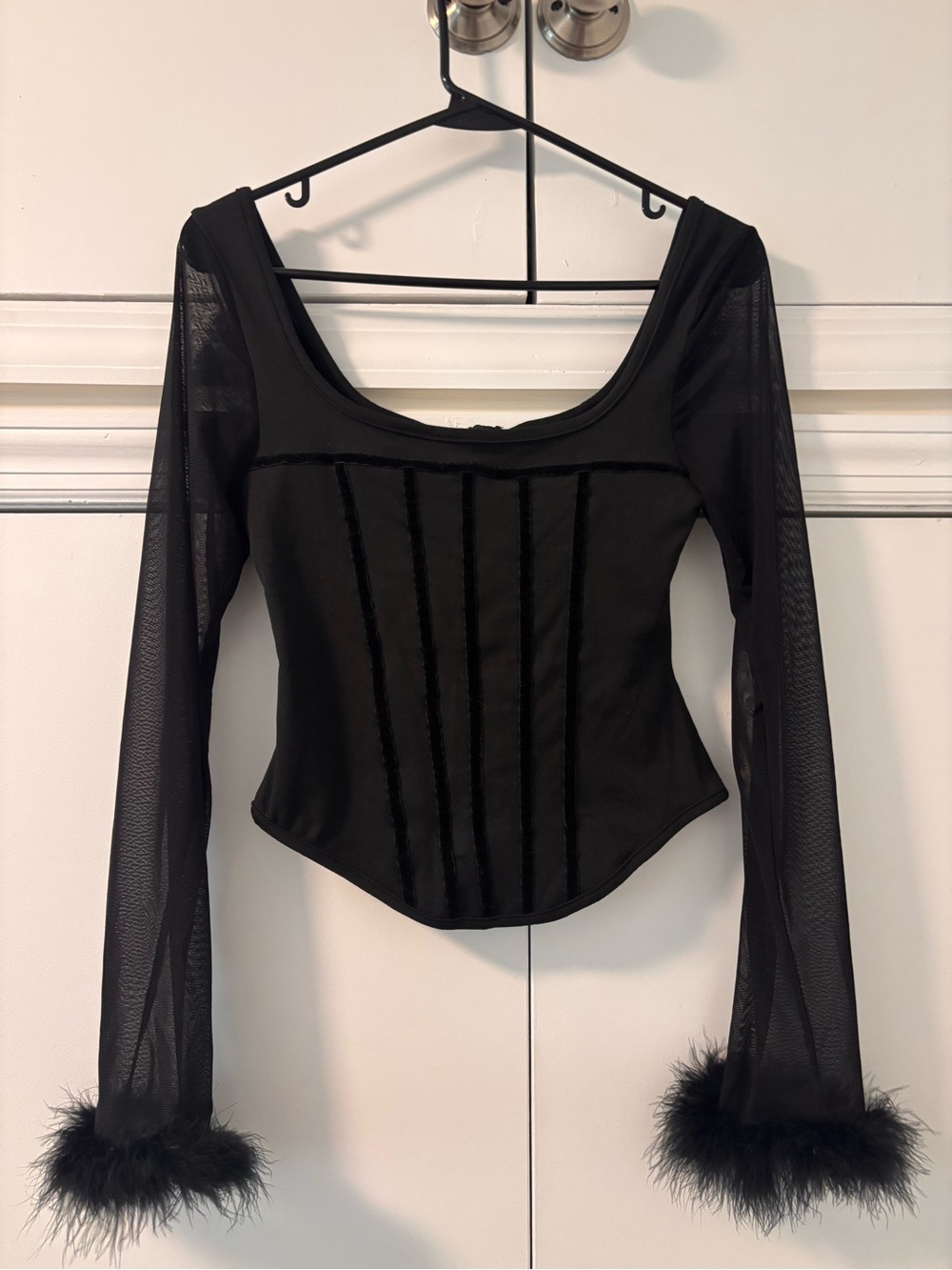 Black Mesh Long-Sleeve Feather Cuff Crop Top